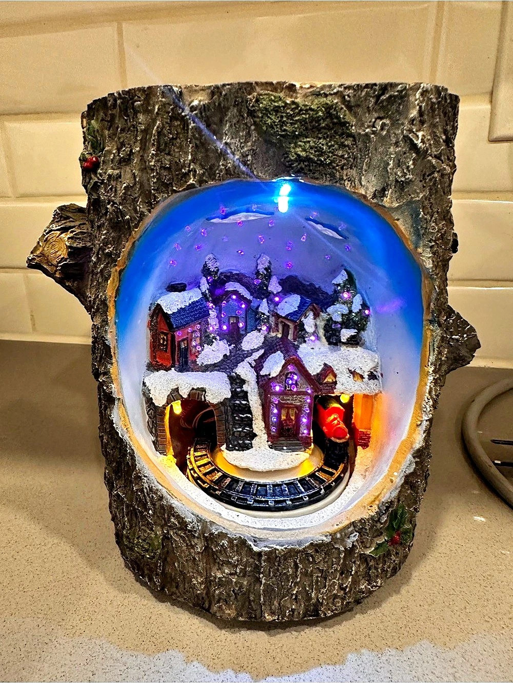 Illuminated Christmas Village Train Decor, Brown & White